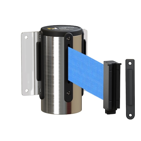 Montour Line Retr. Belt Barrier Wall Mnt Pol. Stainless Case Fxd, 8.5' LT BLU Belt WM115-PS-LBL-F-S-85
